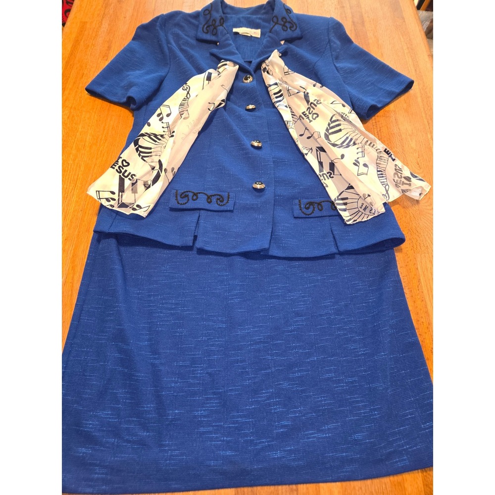 Vintage Pablo Collection Women 14 Royal Blue Music Jesus‎ Scarf Skirt Suit Set